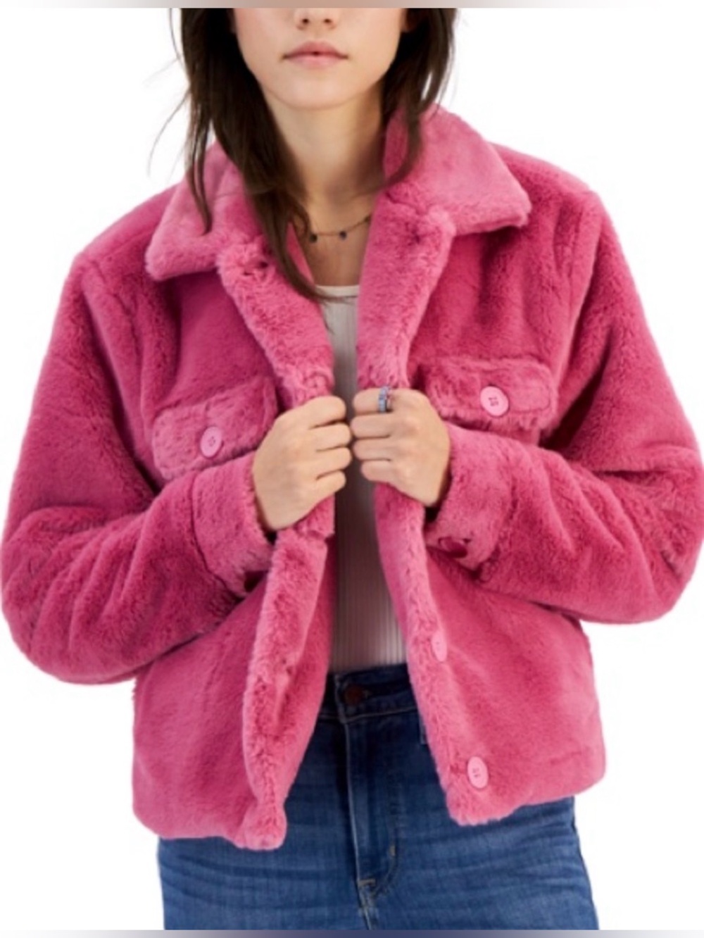 Crave Fame Pink Teddy Faux Fur Jacket. Size XS